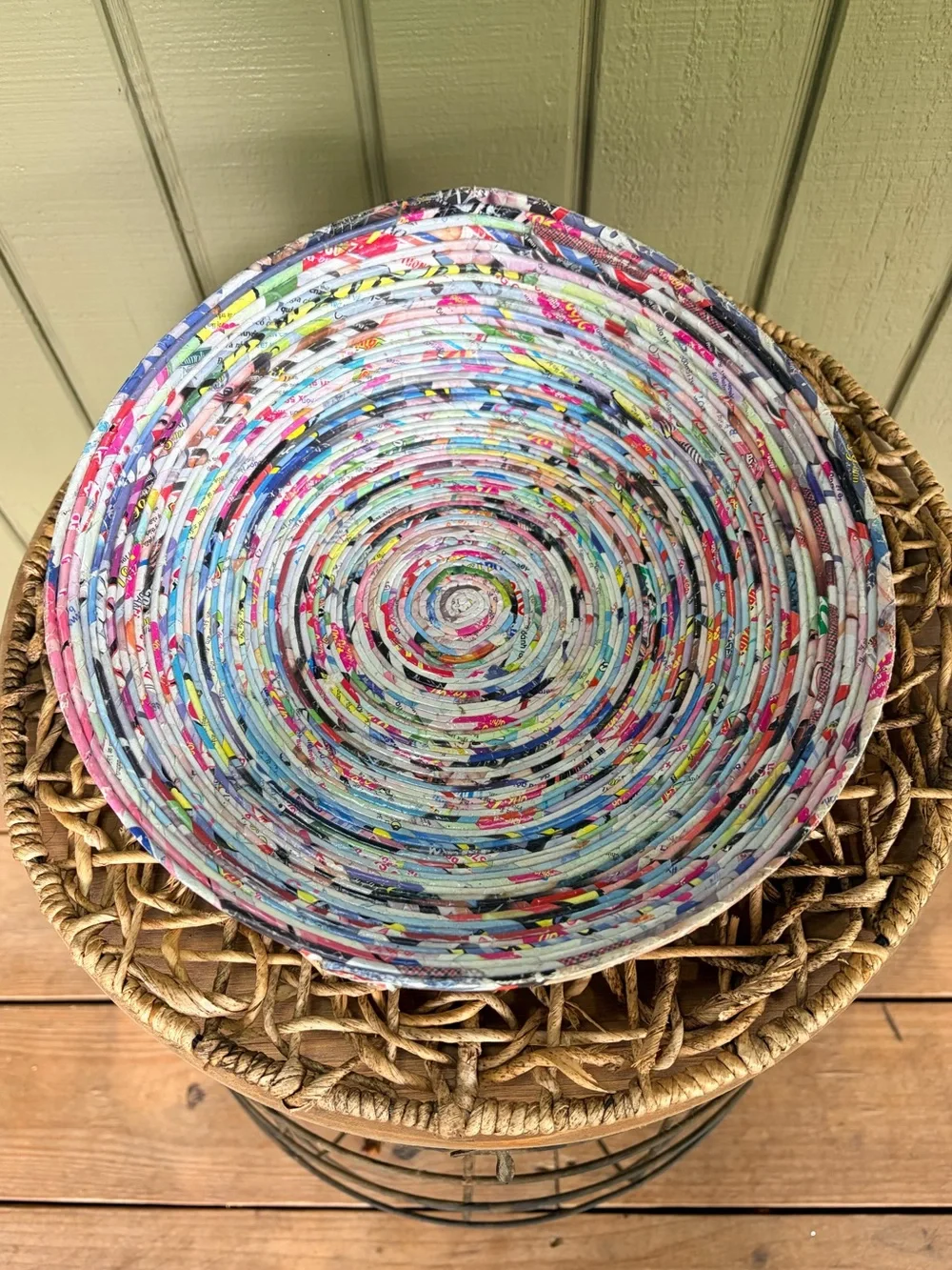 Handmade Recycled Magazine Paper Bowl Coiled Art Boho Decor 11.5